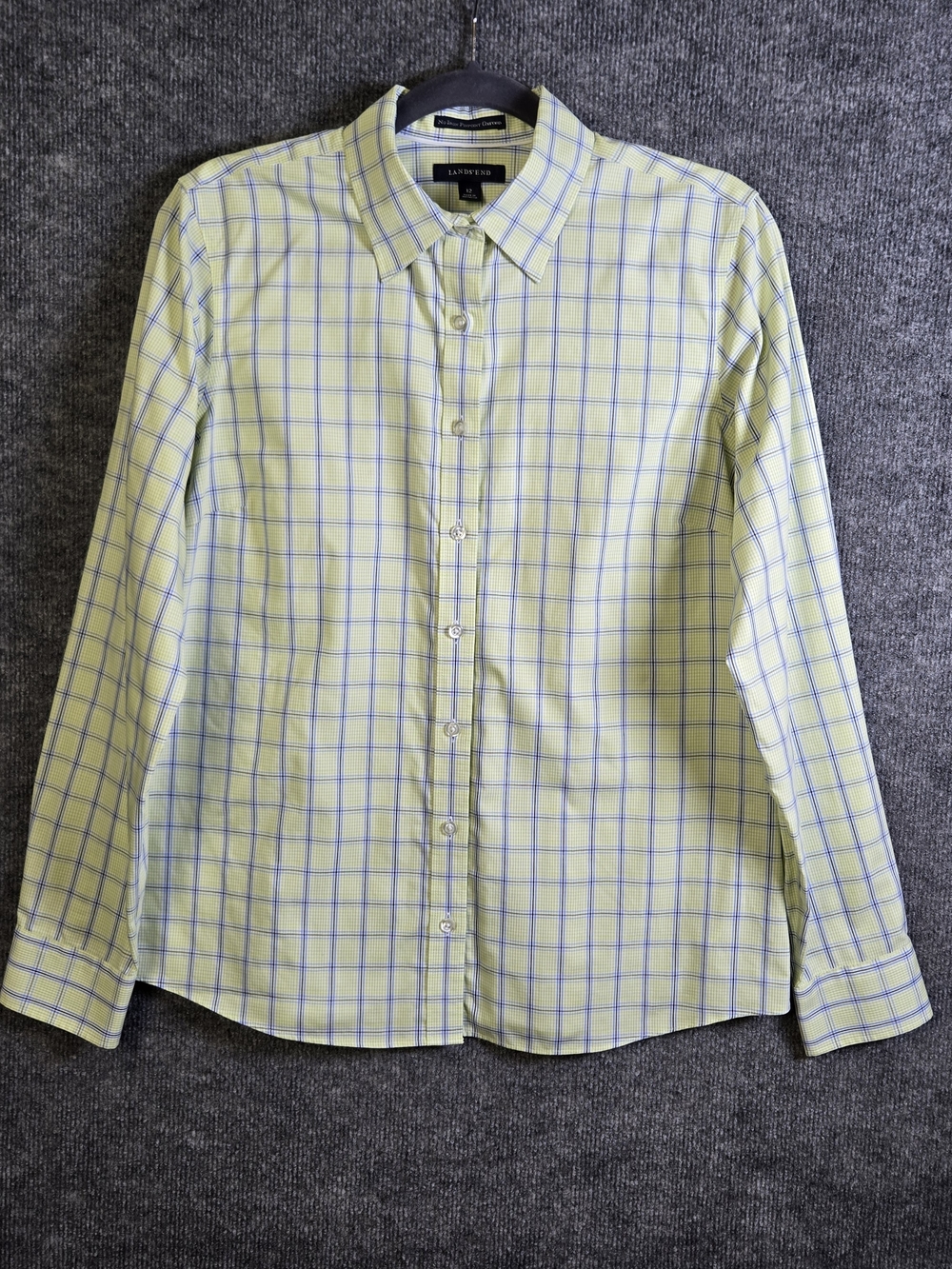 Lands End Top Womens 12 Yellow Blue Check Cotton No Iron Button Up Preppy